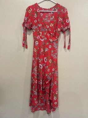 Red floral wrap dress